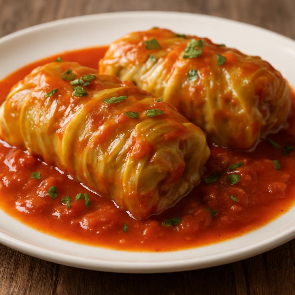 Entree: Poland – Podlasie – Gołąbki (Cabbage leaves filled with seasoned minced meat and rice, braised in a tomato sauce) recipe