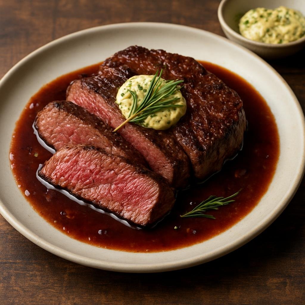 Entree: South Africa – Karoo – Ostrich Steak (Lean ostrich steaks pan-seared with garlic-rosemary butter and a red wine pan sauce) recipe
