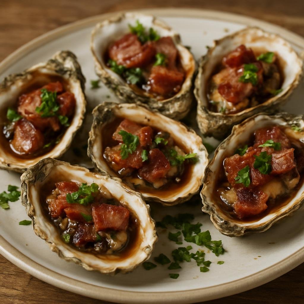 Entree: Ireland – West Ireland – Galway Bay Oysters (Fresh West Ireland oysters grilled with bacon, Worcestershire sauce, and parsley) recipe