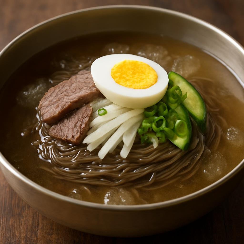 Entree: South Korea – Seoul & Gyeonggi – 냉면 ➤ naengmyeon (Korean cold buckwheat noodle soup served in a chilled tangy broth with sliced beef and crisp garnishes) recipe