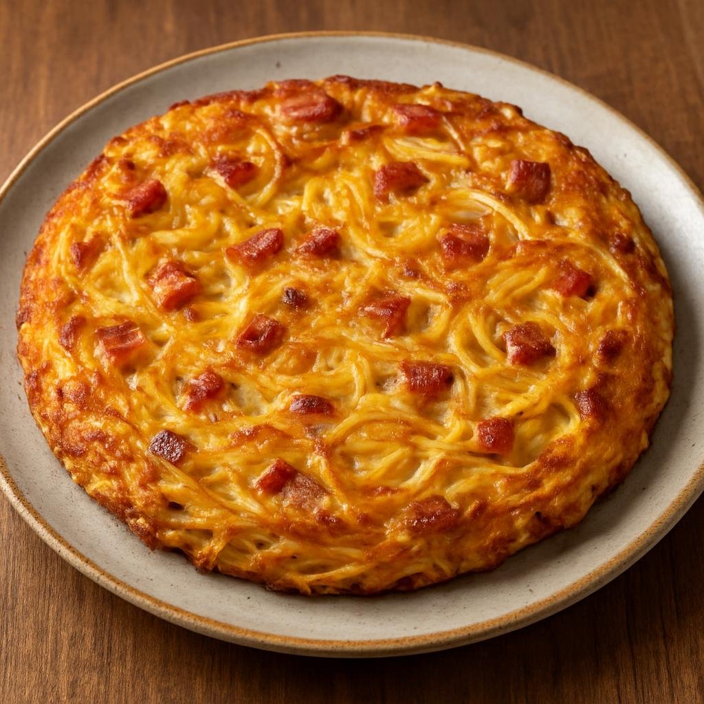Entree: Italy – Campania / Naples – Frittata di Pasta (A savory Neapolitan egg-and-pasta omelette made from leftover spaghetti mixed with cheese and cured pork, pan-fried and finished until set and golden) recipe