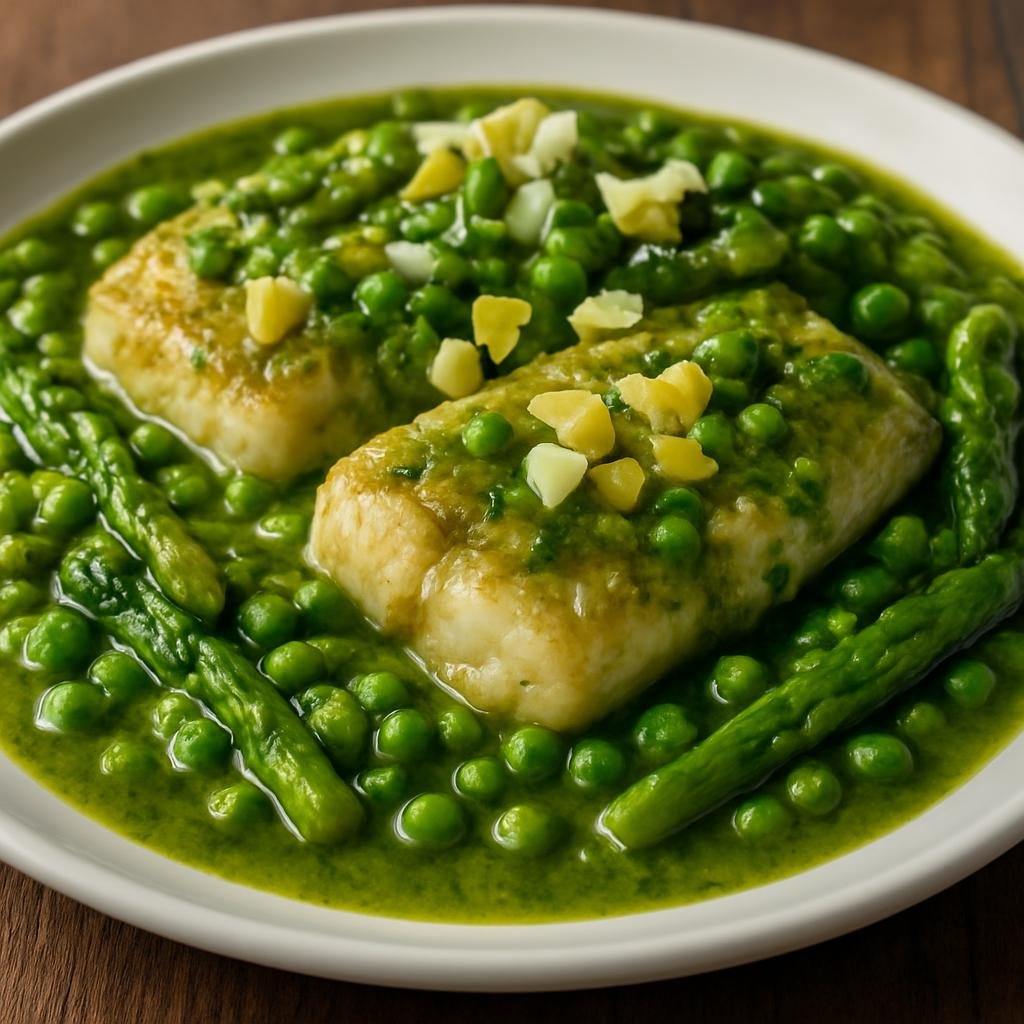 Entree: Spain – Basque Country – Merluza a la Koskera (Hake fillets cooked in a green-style sauce with peas, asparagus, white wine and chopped hard-boiled egg) recipe
