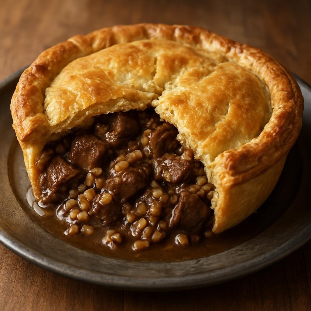 Entree: Canada – Interior British Columbia – Beef and Barley Pie (Hearty baked savory pie of braised beef and pearl barley in a rich gravy enclosed in pastry) recipe