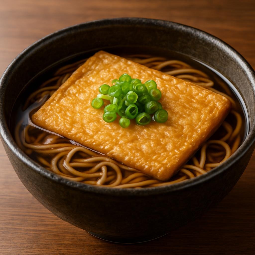 Entree: Japan – Kansai / Osaka-Kyoto – きつねそば ➤ Kitsune soba (Hot buckwheat noodle soup in dashi broth topped with a sweetened fried tofu pouch) recipe