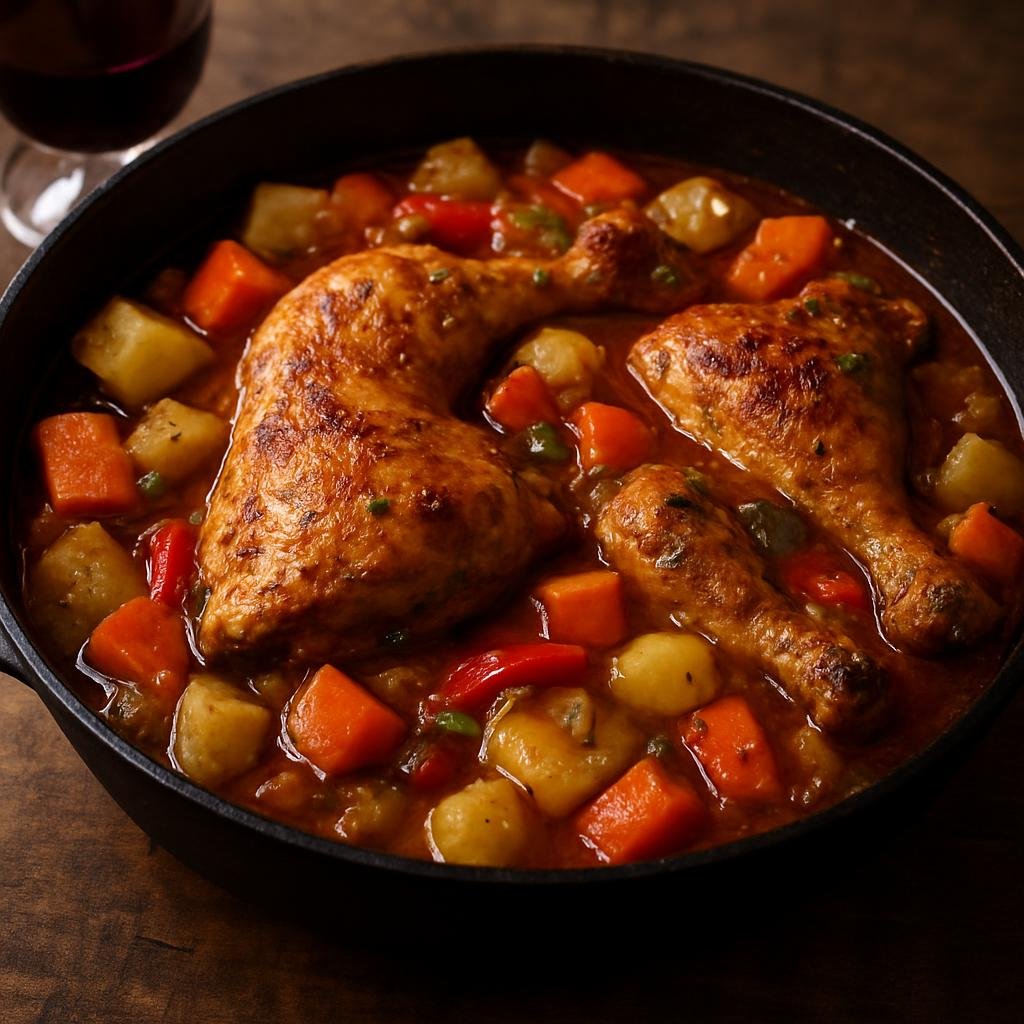 Entree: Argentina – Cuyo – Pollo al Disco (Chicken braised in a plow-disk with vegetables and wine) recipe