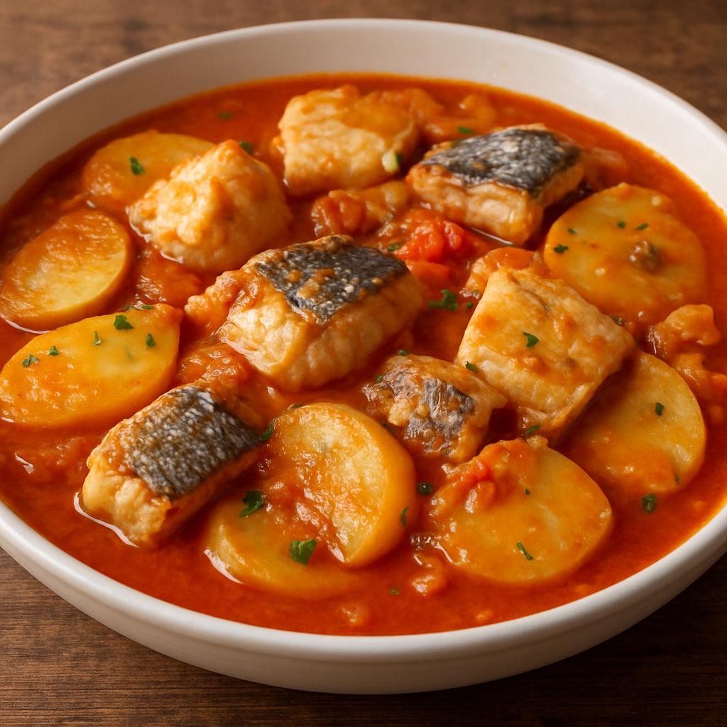 Entree: Portugal – Madeira – Caldeirada de Peixe (Madeiran fish stew of layered potatoes and firm mixed fish simmered in a tomato, onion, and wine broth) recipe
