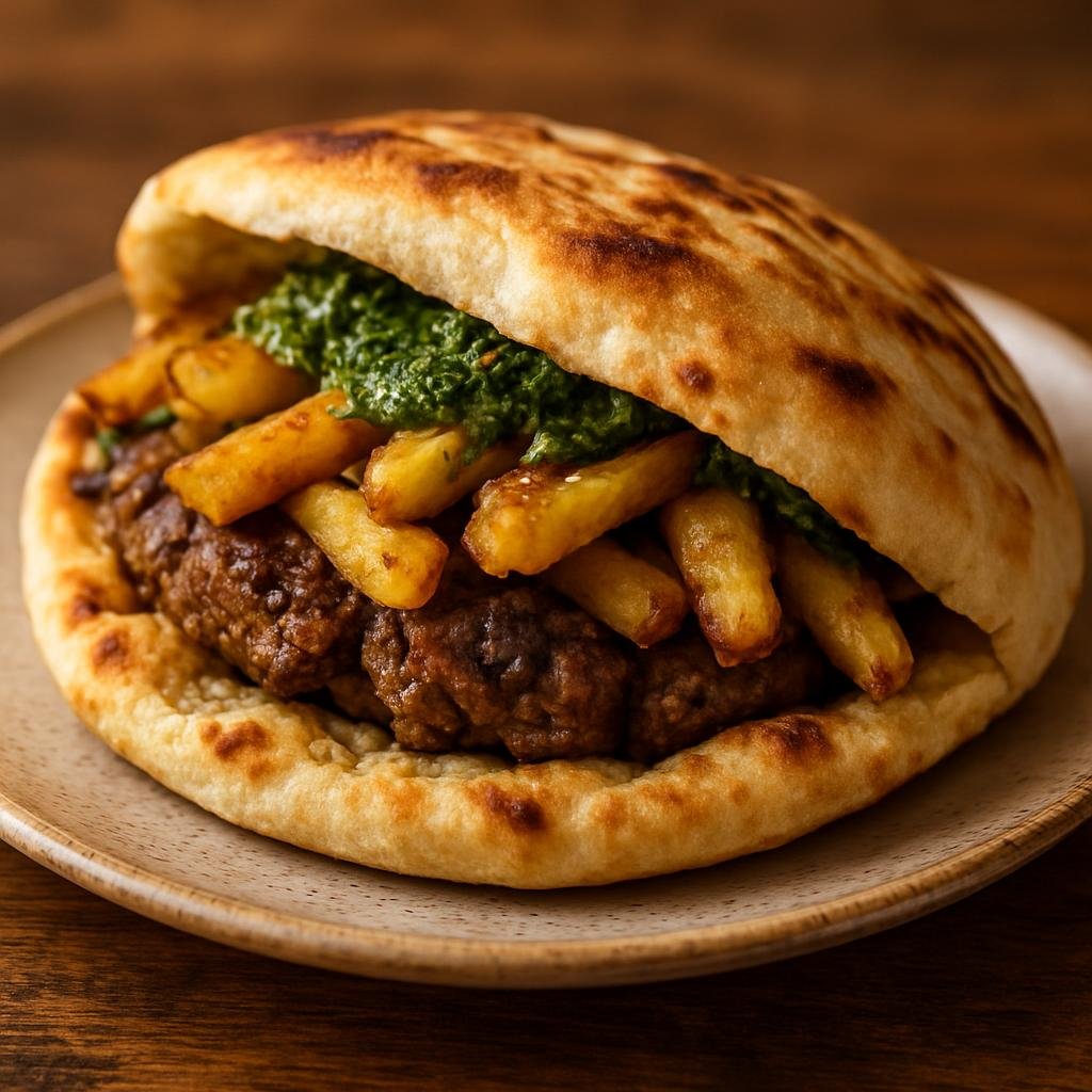 Entree: Afghanistan – Northern Afghanistan – Afghani Burger (Street-style spiced beef and fried-potato sandwich served in Afghan flatbread with herb chutney) recipe