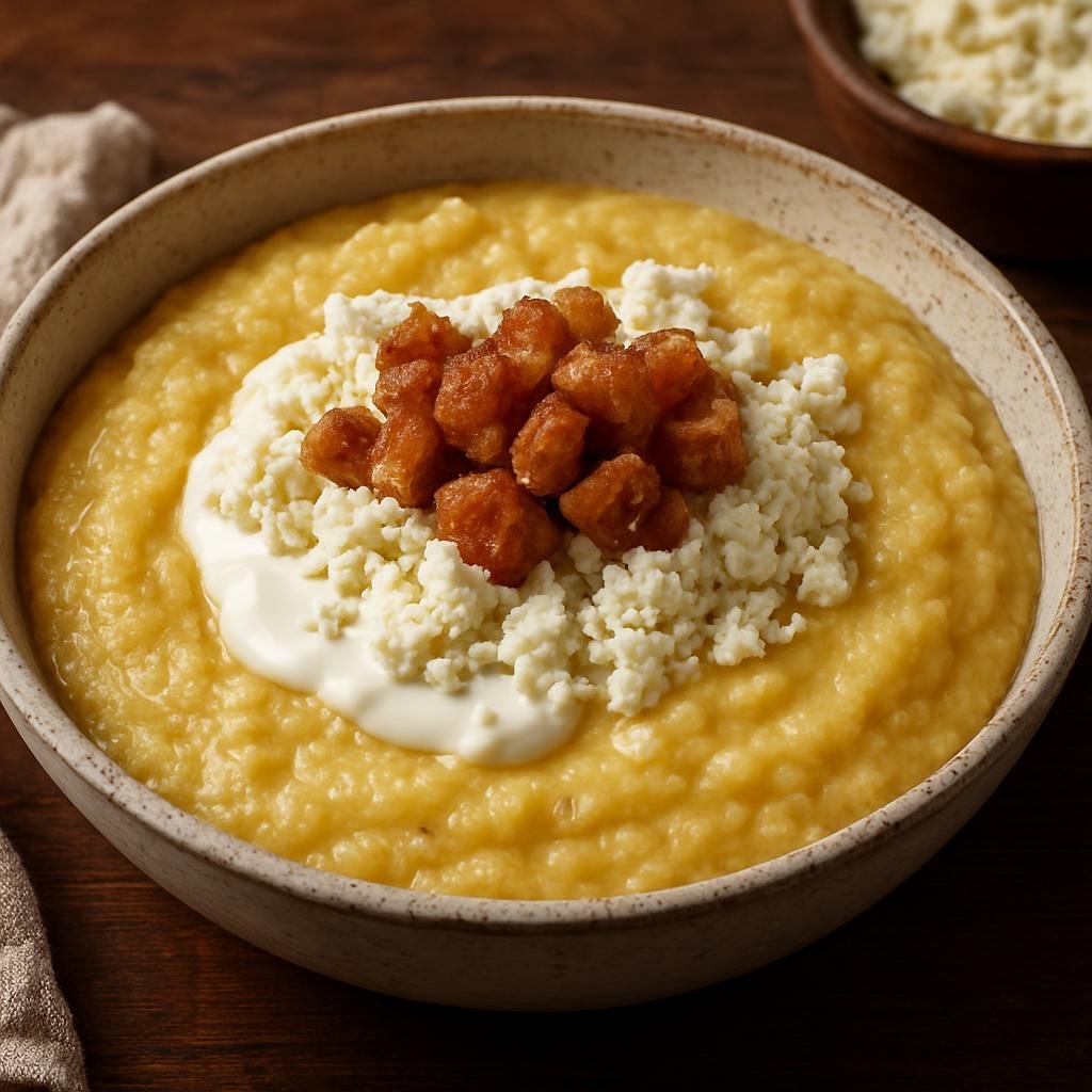 Entree: Ukraine – Odesa & Black Sea – Бануш ➤ Banush (Thick cornmeal porridge cooked with sour cream and topped with sheep cheese and fried pork cracklings) recipe