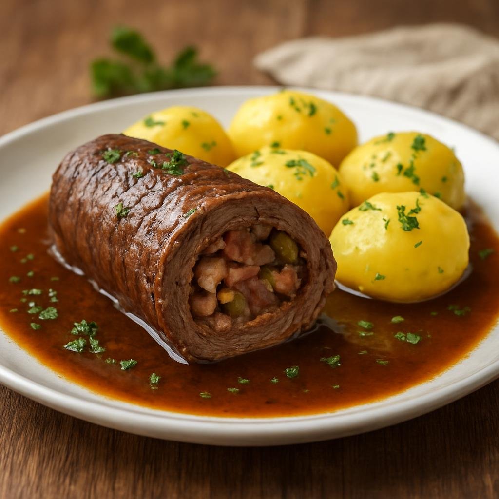Entree: Austria – Vienna – Rindsroulade (Braised beef roulade filled with bacon, onions, pickles and mustard) recipe