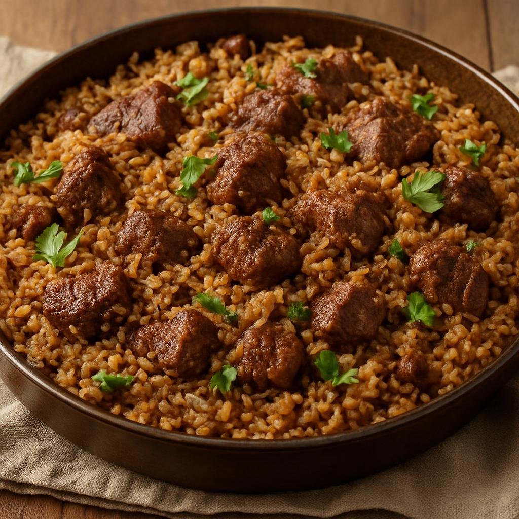 Entree: Israel – Negev – סינייה ➤ Siniyah (Oven-baked Negev tray of spiced lamb cooked with rice) recipe