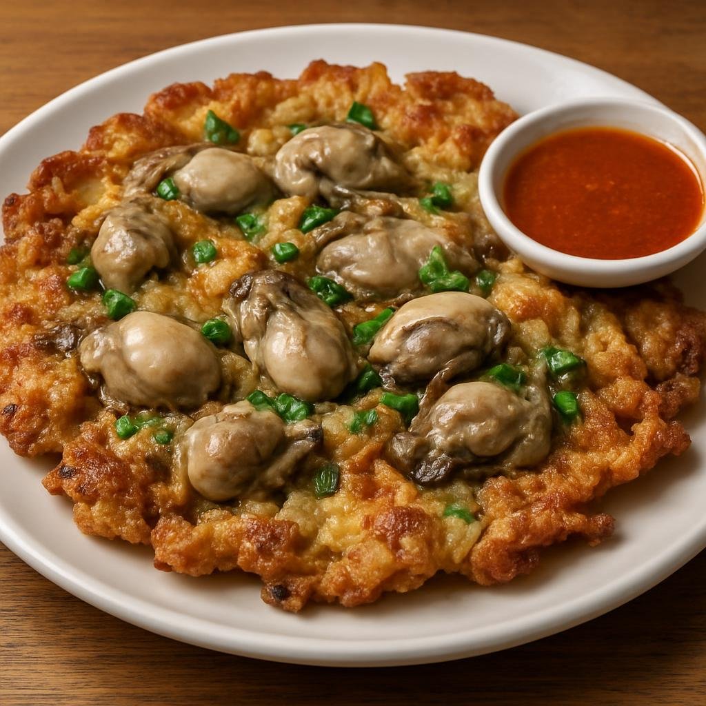 Entree: Singapore – Singapore Hawker Cuisine – Oyster Omelette (Pan-fried omelette with plump oysters bound by a slightly gooey potato-starch batter and crisp edges, served with chili sauce) recipe