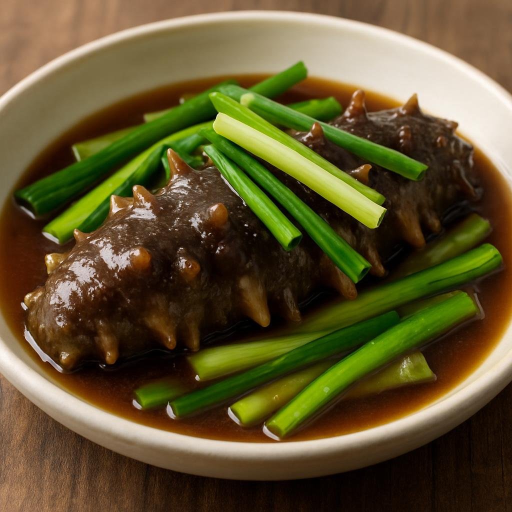 Entree: China – Fujian – 葱烧海参 ➤ Cōng shāo hǎishēn (Sea cucumbers braised gently in savory stock with scallions and aromatic seasonings) recipe