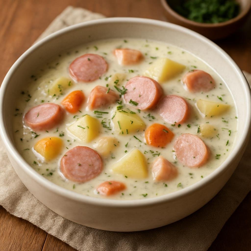 Entree: Finland – Southern Finland – Siskonmakkarakeitto (Creamy Finnish sausage soup made with fresh mild pork sausage, potatoes, and root vegetables) recipe