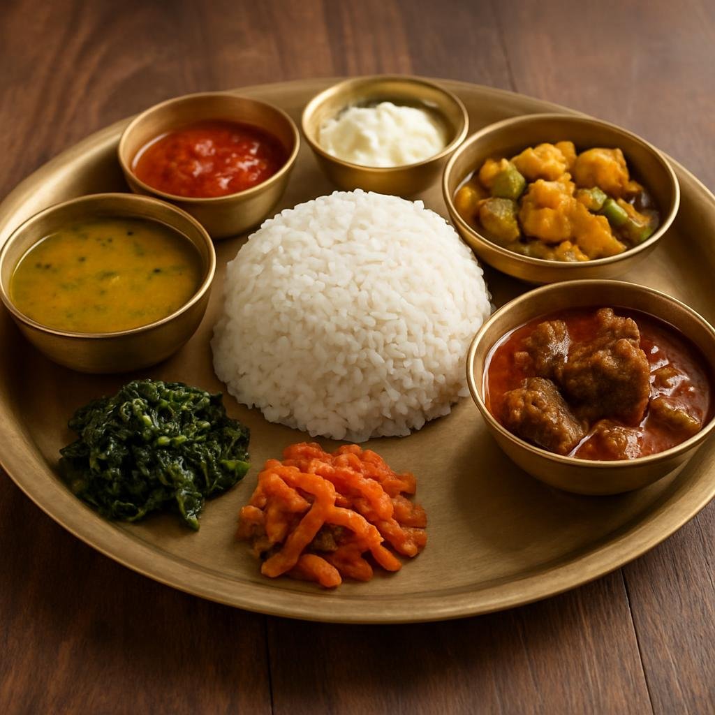 Entree: Nepal – Thakali Cuisine – ठकाली थाली ➤ Thakali Thali (A traditional Thakali set meal from Nepal featuring rice served with seasoned lentil soup, vegetable curry, a meat curry, pickles and condiments on a single platter) recipe