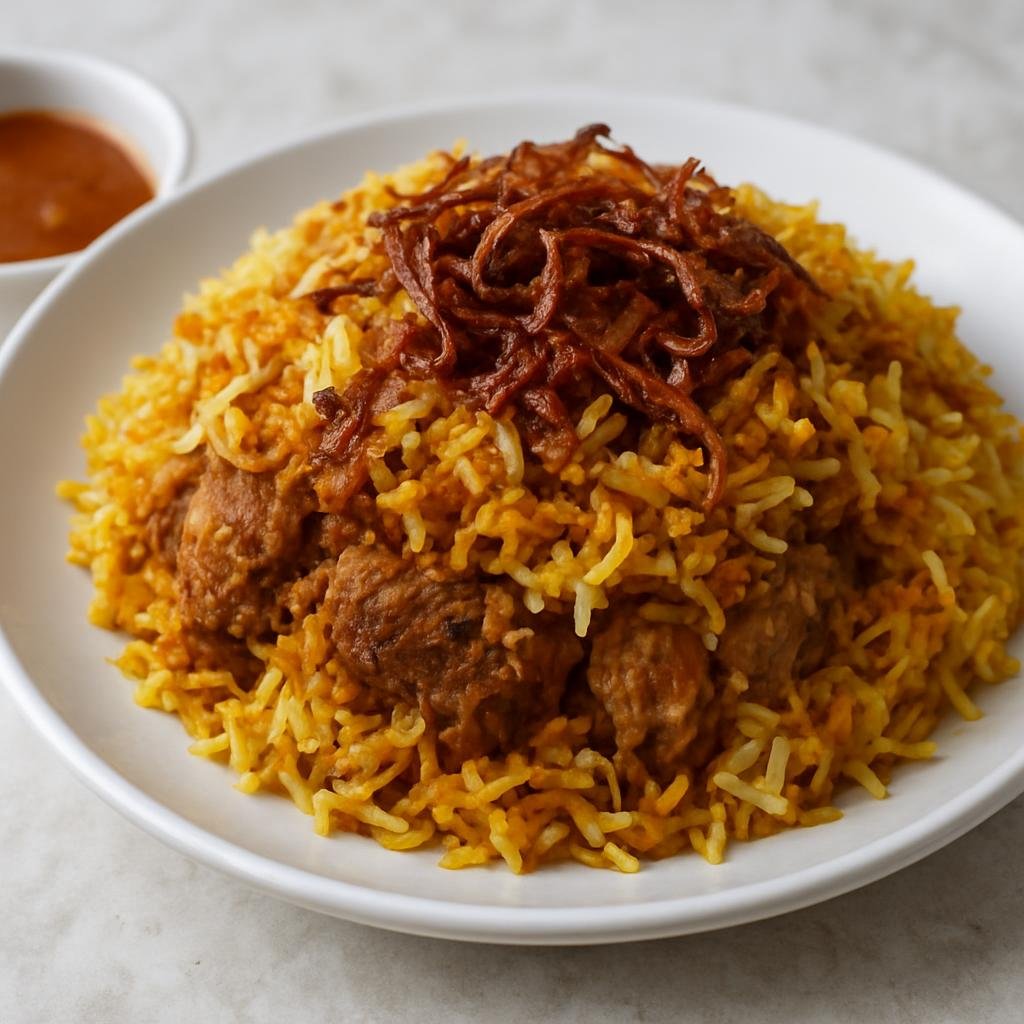 Entree: Singapore – Singapore Hawker Cuisine – Nasi Biryani (Fragrant layered rice dish of spiced long‑grain rice cooked with marinated meat and caramelized onions) recipe