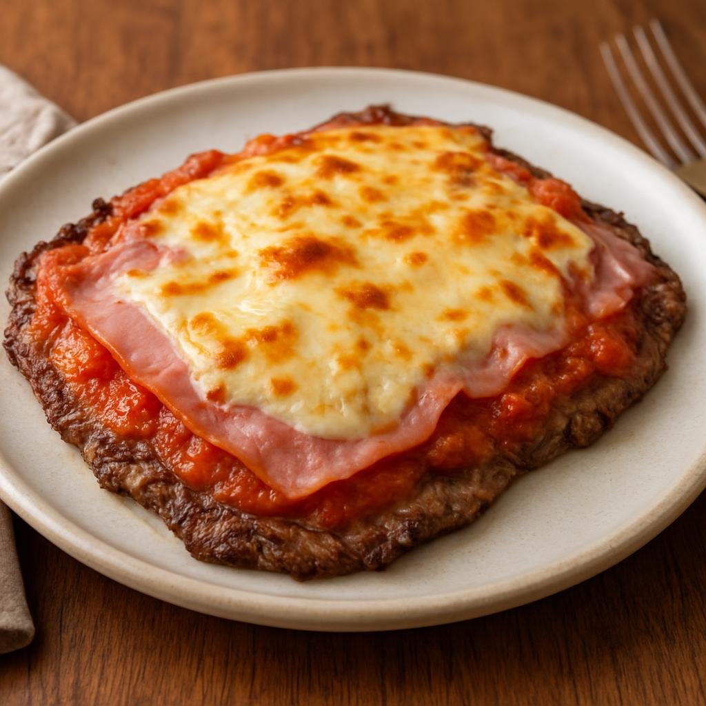 Entree: Argentina – Cuyo – Matambre a la Pizza (Thin grilled flank steak topped and baked with pizza-style tomato sauce, ham and melted cheese) recipe