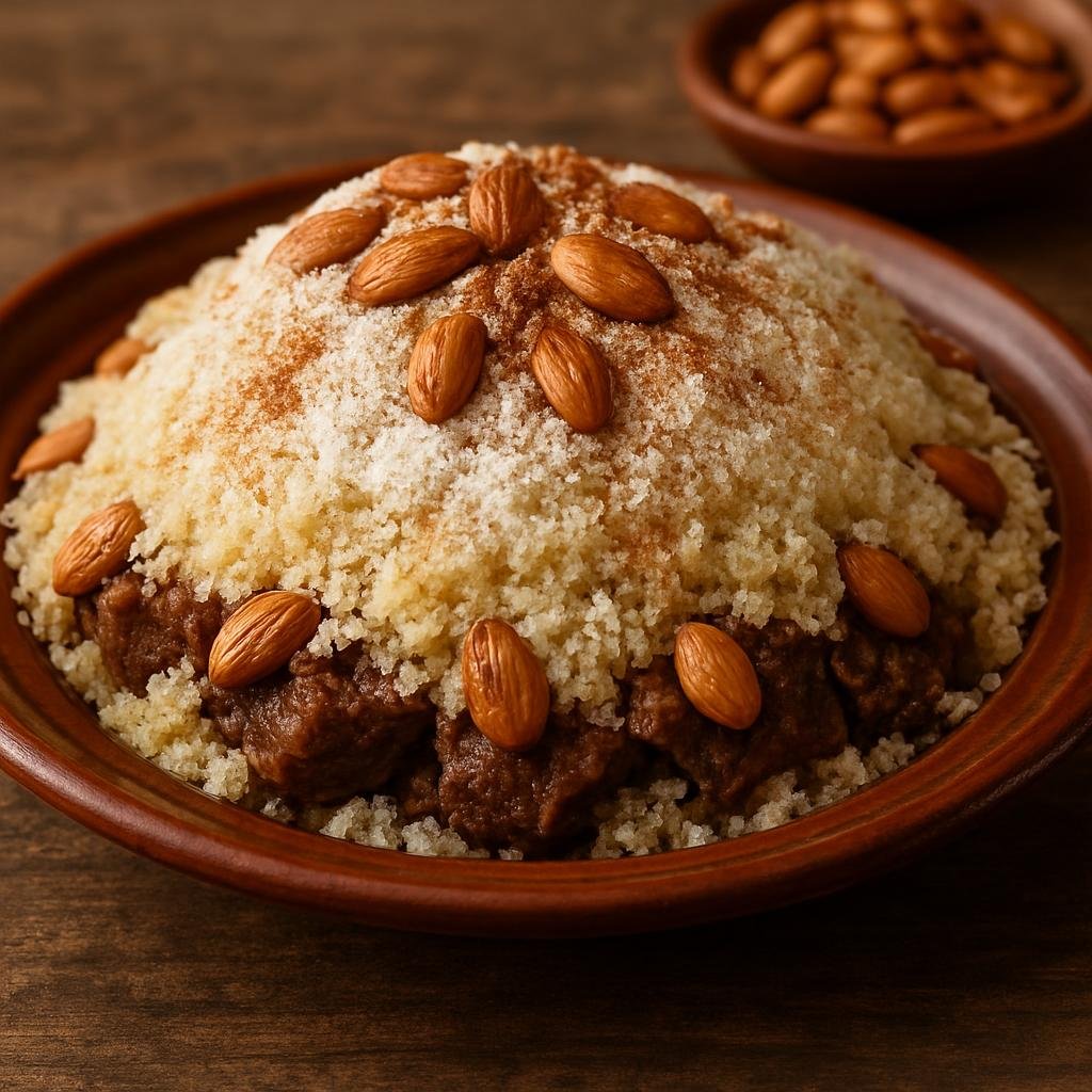 Entree: Morocco – Marrakesh – السفة المدفونة ➤ Seffa Medfouna (A sweet-savory Moroccan platter of steamed couscous or fine semolina topped with powdered sugar, cinnamon, toasted almonds and often served over tender braised meat) recipe