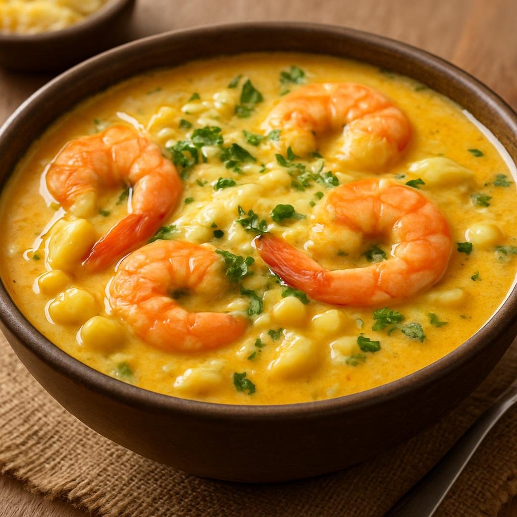 Entree: Peru – Cuzco – Chupe de Camarones (Hearty Peruvian shrimp chowder with potatoes, corn, milk, and cheese) recipe