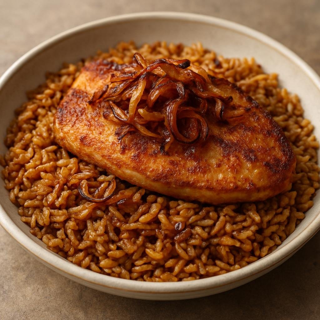 Entree: Egypt – Nubian Egypt – صيادية ➤ Sayadiyah (Spiced Egyptian rice cooked in fish stock topped with pan-fried fish and caramelized onions) recipe