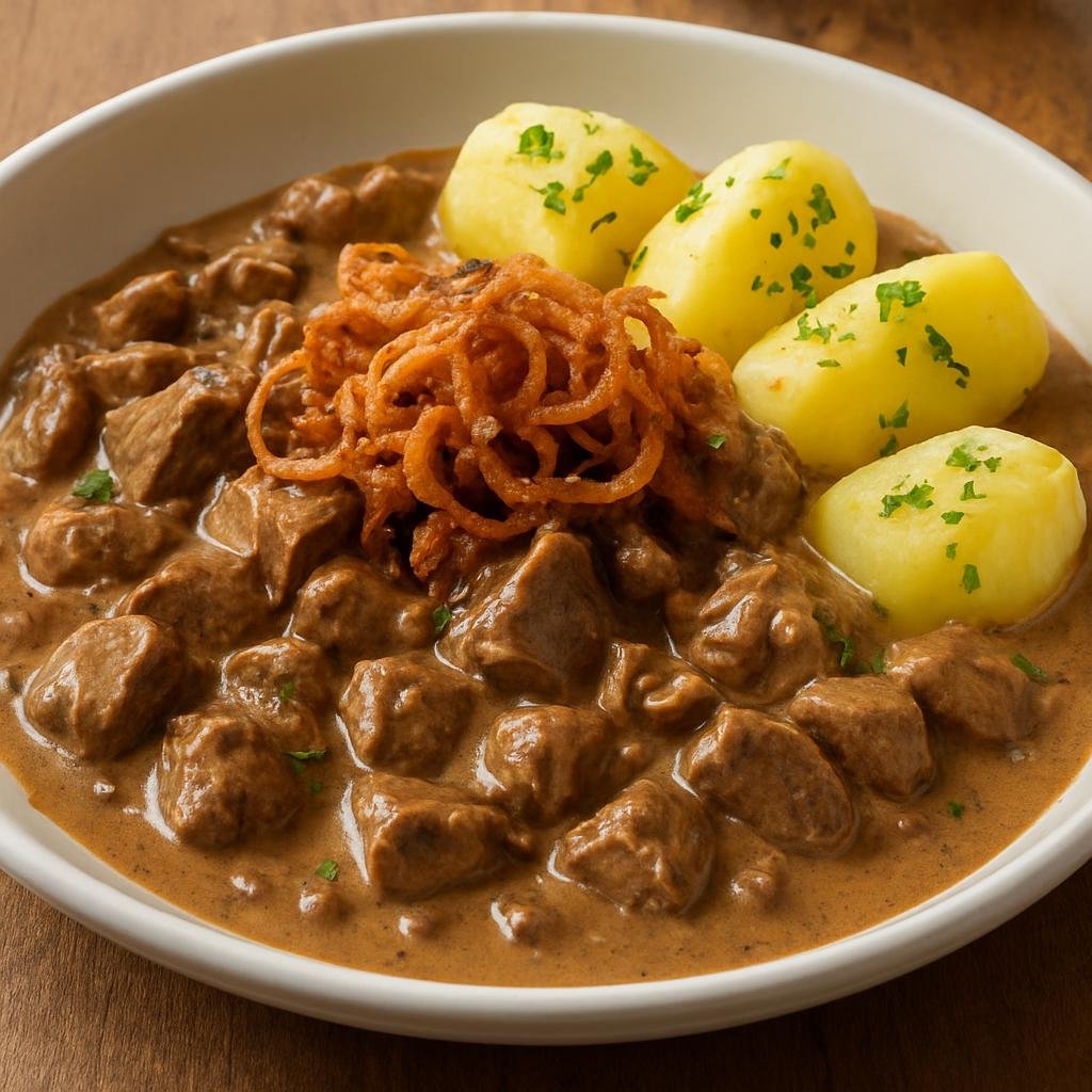 Entree: Austria – Vienna – Beuschel (Traditional Viennese ragout of veal lungs and heart braised in a tangy brown-cream sauce) recipe
