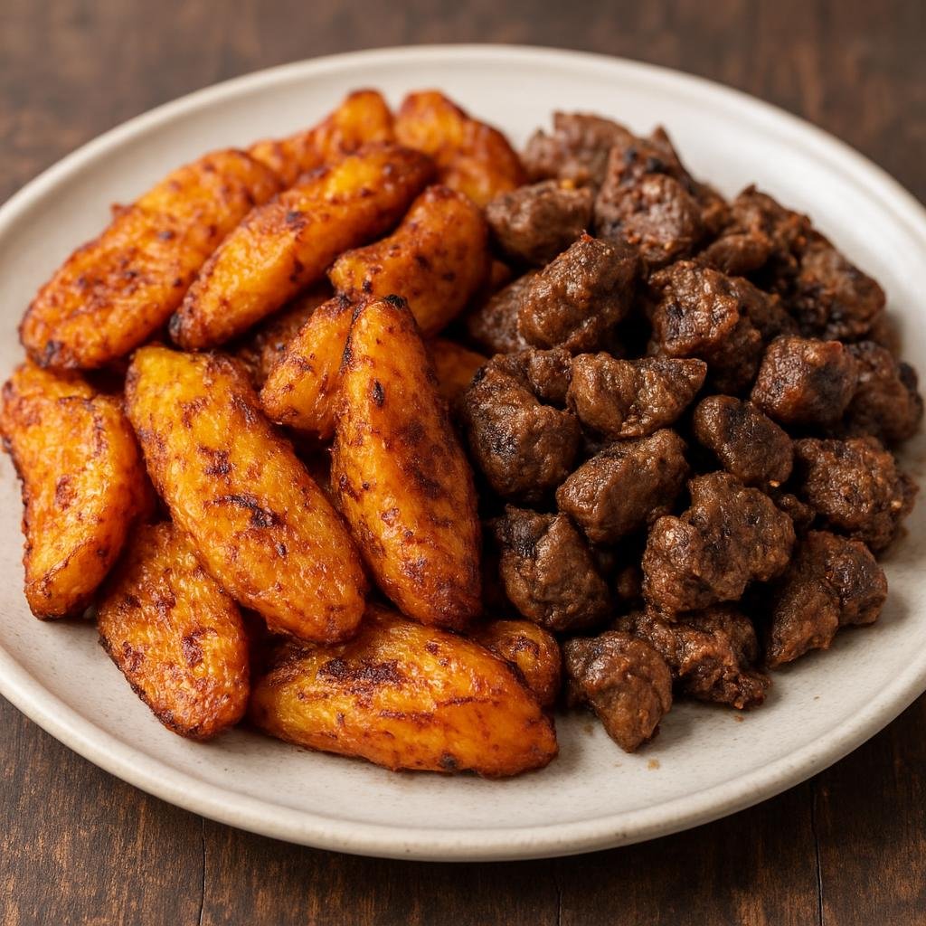 Entree: Ghana – Northern Ghana – Kelewele with Gizzard (Spicy fried ripe plantains seasoned with ginger and cloves, served with seasoned fried chicken gizzards) recipe