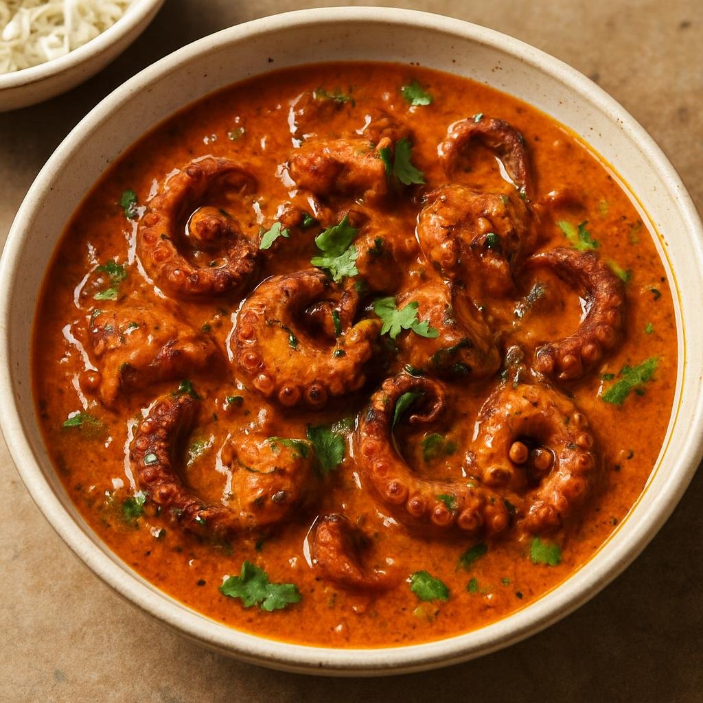 Entree: Tanzania – Zanzibar – Octopus Curry (A coconut-based, spice-forward curry of tender octopus, characteristic of Zanzibari coastal cuisine) recipe