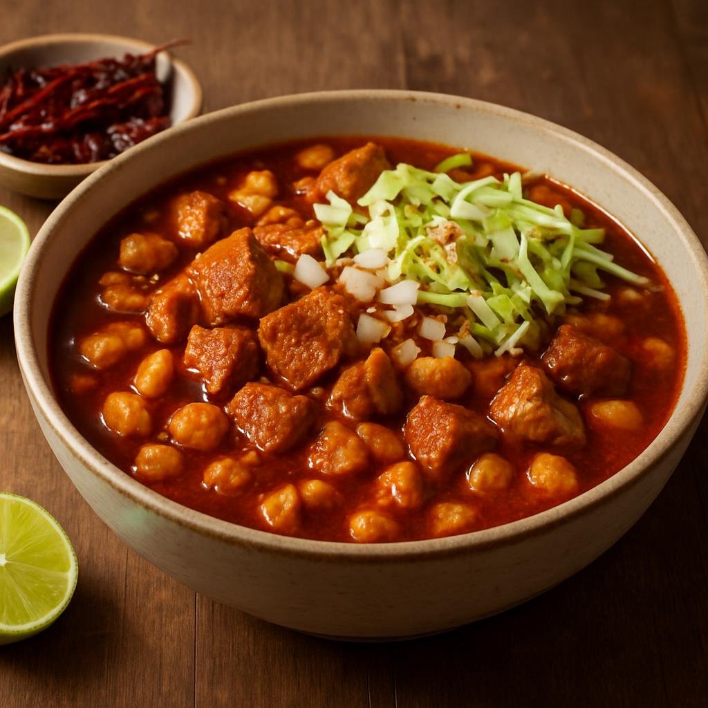 Entree: Mexico – Guerrero – Pozole Guerrero (Traditional rich pork and hominy stew flavored with toasted red chiles from Guerrero) recipe