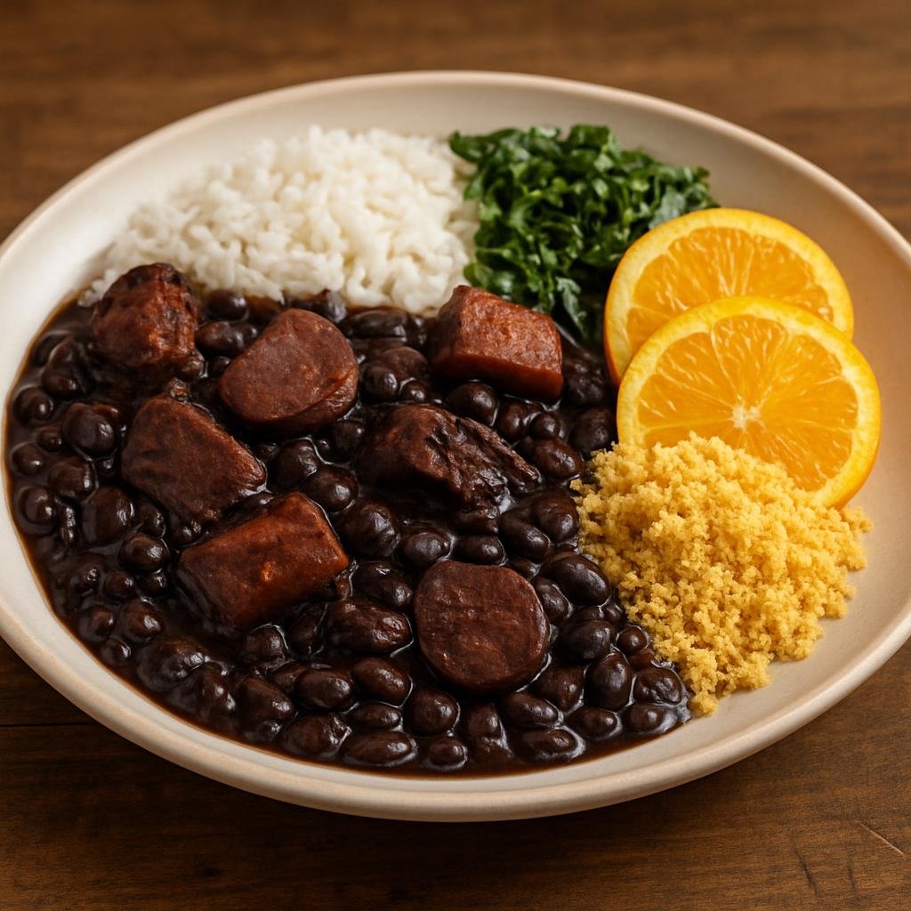 Entree: Brazil – Central Culinary Region – Feijoada (Hearty black bean stew with a variety of pork cuts, traditionally served with rice, collard greens, orange slices, and farofa) recipe