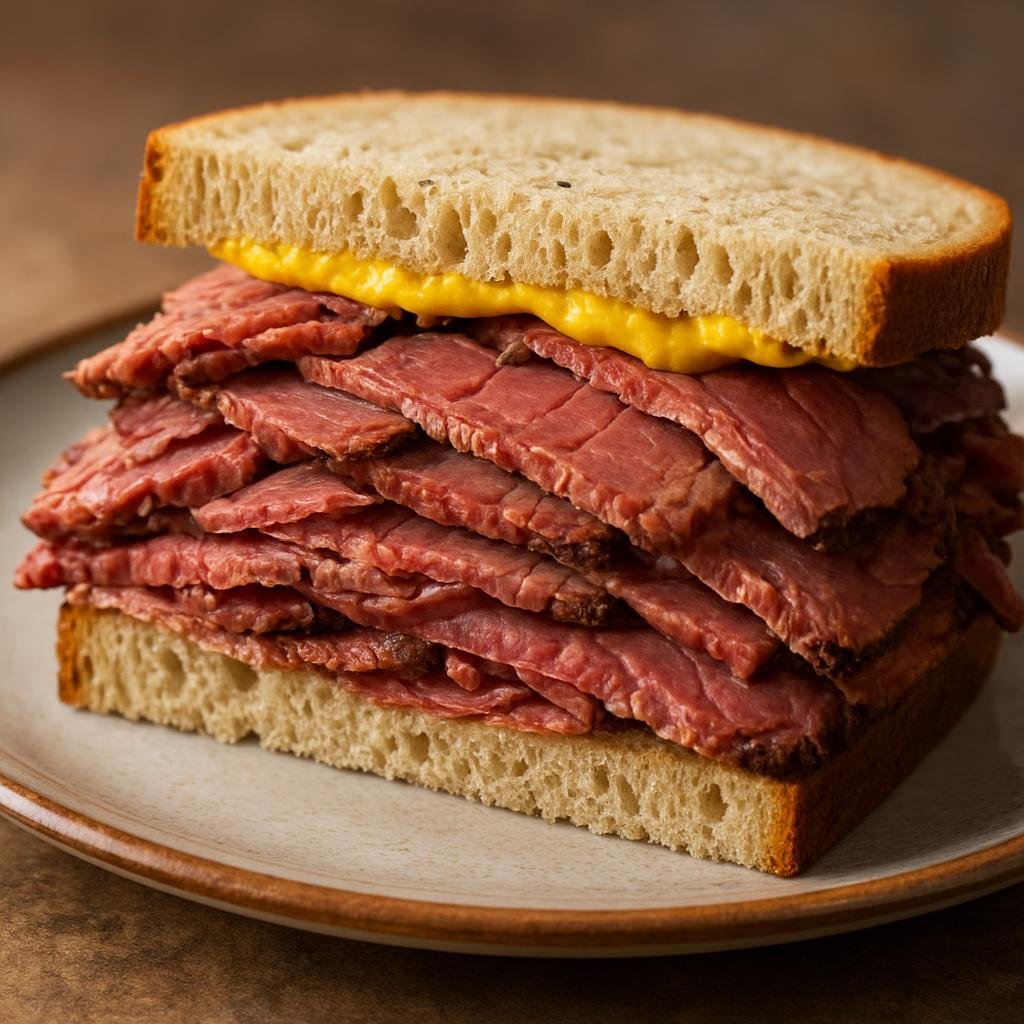 Entree: Canada – Montreal – Montreal Smoked Meat Sandwich (Hot smoked, cured and thinly sliced beef piled on rye bread with mustard) recipe