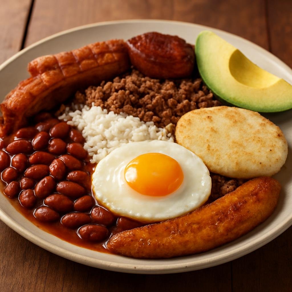 Entree: Colombia – Central Culinary Region – Bandeja Paisa (Hearty Colombian platter of rice, red beans, fried pork, ground beef, chorizo, fried plantain, egg, arepa and avocado) recipe