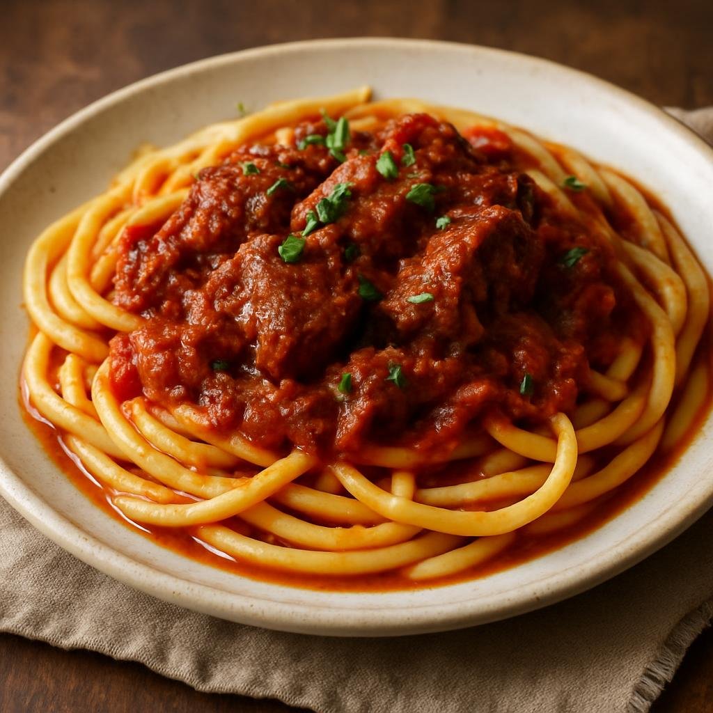Entree: Greece – Ionian Islands – Παστιτσάδα ➤ Pastitsáda (Corfiot braised beef in a richly spiced tomato and red wine sauce served over thick pasta) recipe