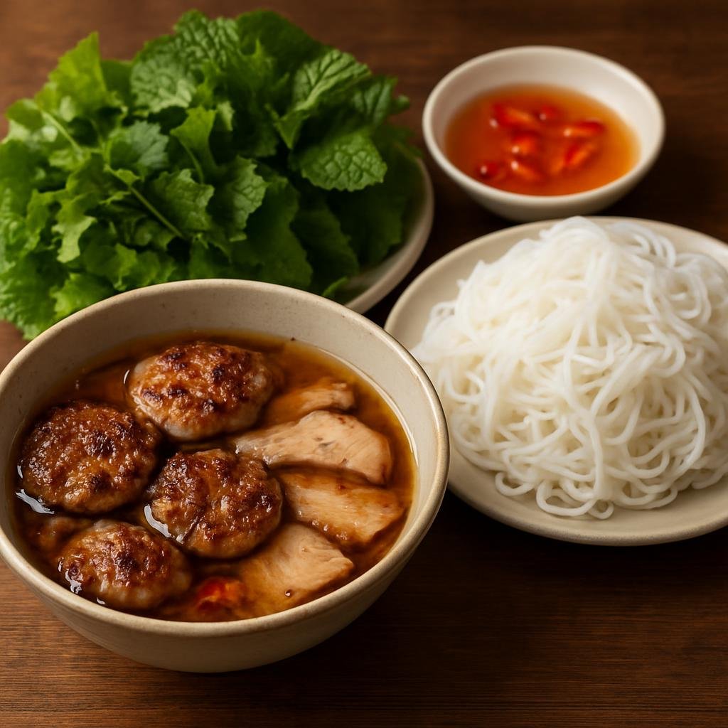 Entree: Vietnam – Northern Vietnam – Bun Cha (Grilled pork patties and sliced pork served with rice vermicelli, fresh herbs, and a tangy sweet-sour fish-sauce broth) recipe