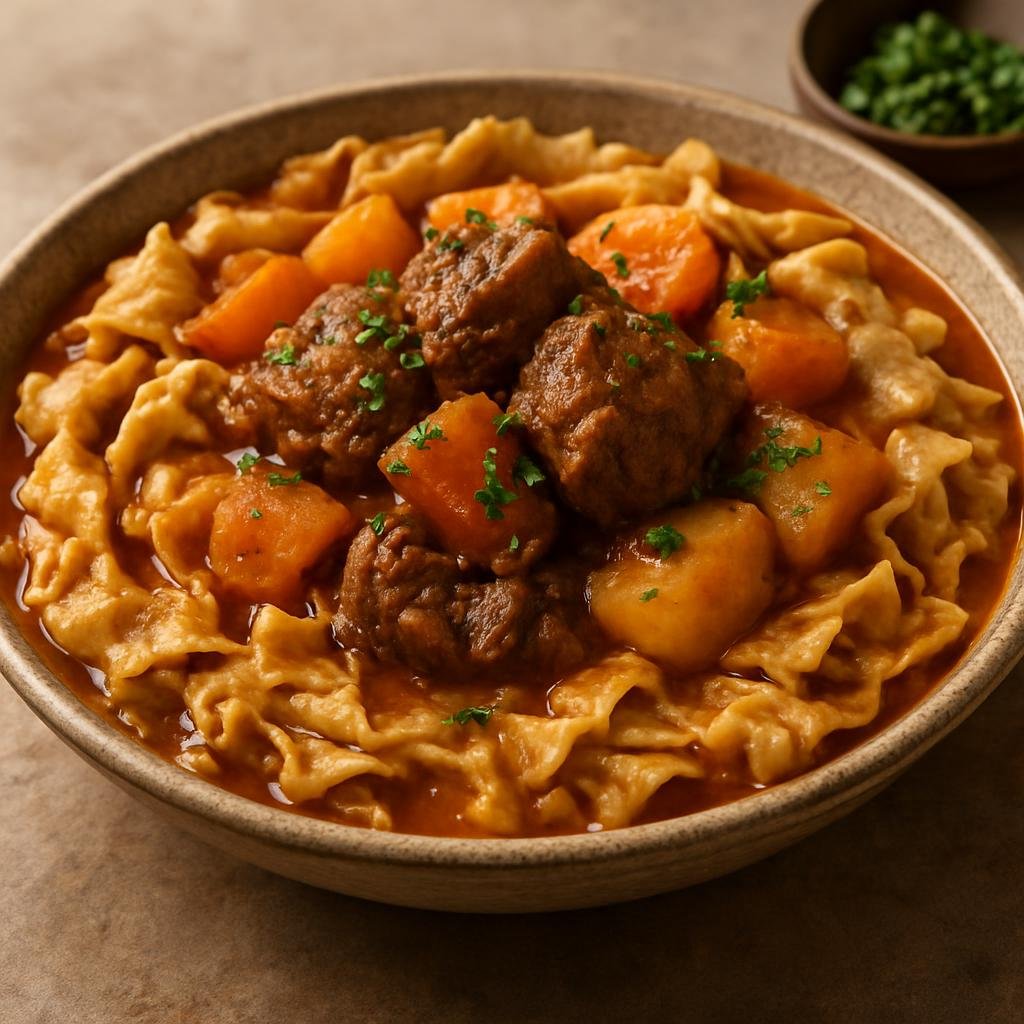 Entree: Algeria – Sahara Algeria – شخشوخة ➤ Chakhchoukha (A hearty Saharan dish of torn thin flatbread soaked and served with a spicy lamb and vegetable stew) recipe