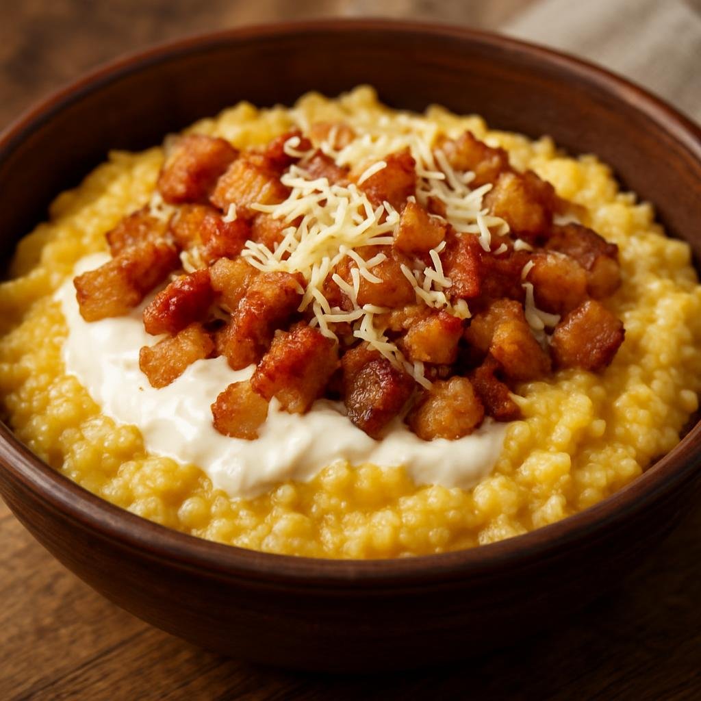 Entree: Ukraine – Western Ukraine – Банош ➤ Banosh (Hearty coarse cornmeal porridge cooked with sour cream and finished with pork cracklings and cheese) recipe