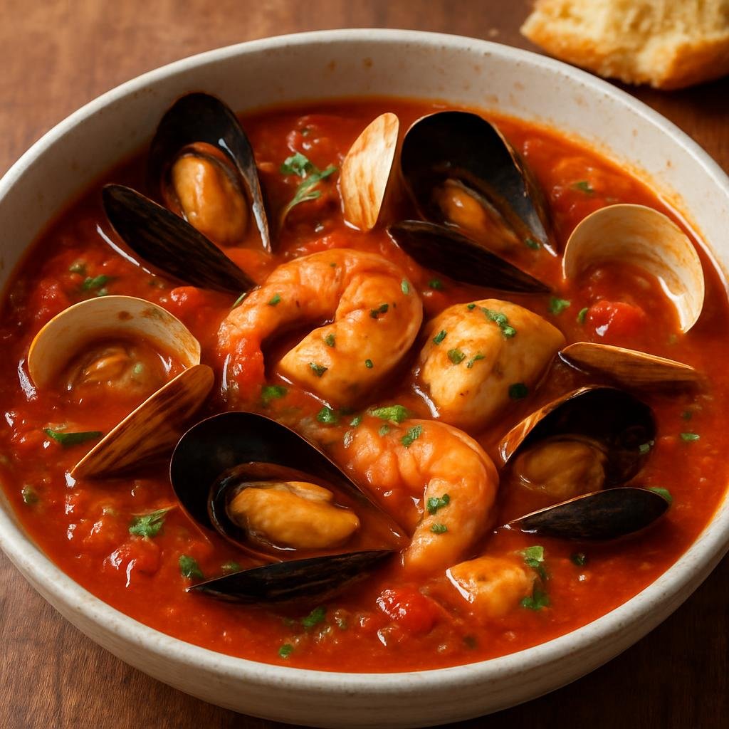 Entree: United States – California – Cioppino (A tomato-and-wine based seafood stew of mixed shellfish and firm fish) recipe