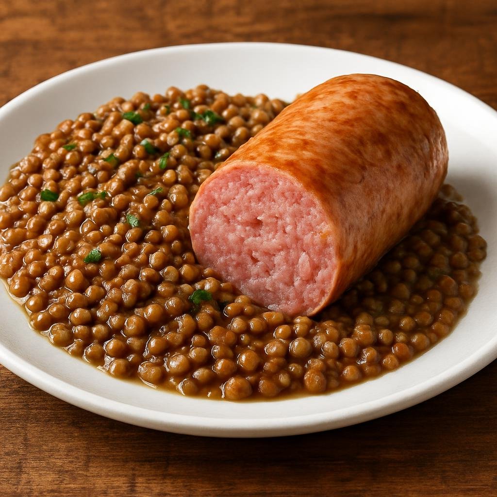 Entree: Italy – Emilia-Romagna – Cotechino con Lenticchie (Boiled pork sausage served with stewed lentils, a traditional New Year's main course) recipe