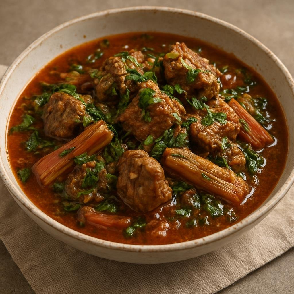 Entree: Iran – Kurdish Iran – خورشت ریواس ➤ Khoresht-e Rīvās (A slow-simmered lamb stew flavored with tart rhubarb and fresh herbs) recipe