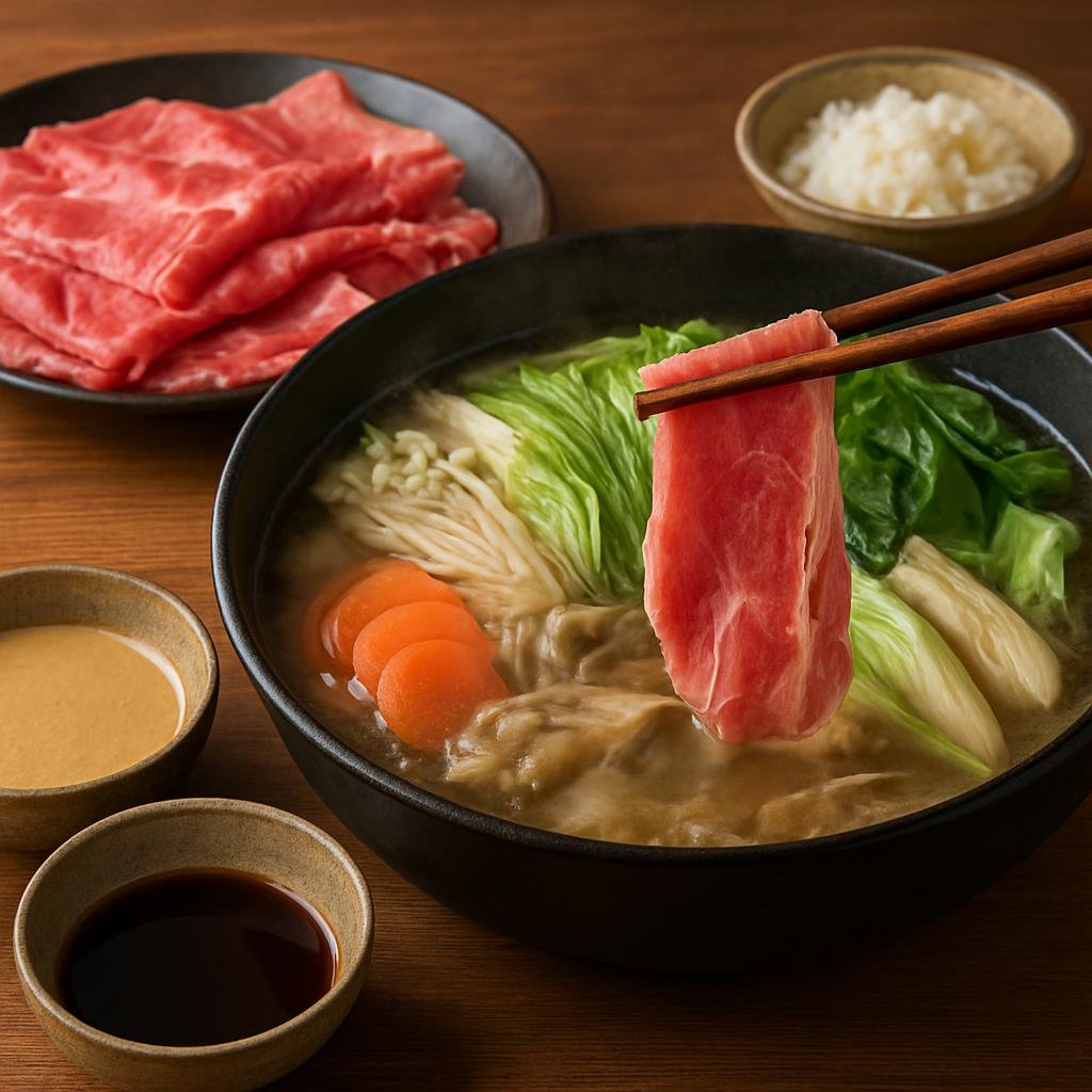 Entree: Japan – Kanto / Tokyo – しゃぶしゃぶ ➤ Shabu-shabu (Japanese communal hot-pot where thinly sliced meat and vegetables are briefly swished in hot broth and dipped in sauces) recipe