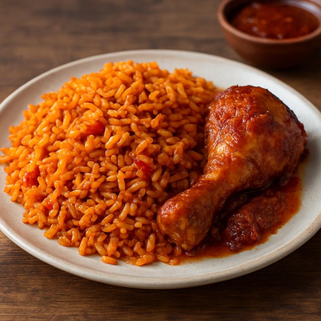 Entree: Nigeria – Lagos Street Food – Jollof Rice (A West African one-pot spiced tomato and pepper rice, cooked until fluffy and often served with protein) recipe