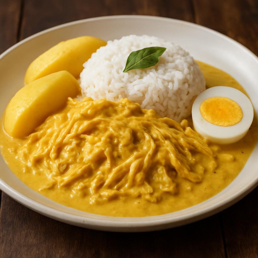 Entree: Peru – Lima / Criollo – Ají de Gallina (Creamy shredded chicken in a spicy yellow pepper and walnut sauce served with potatoes and rice) recipe