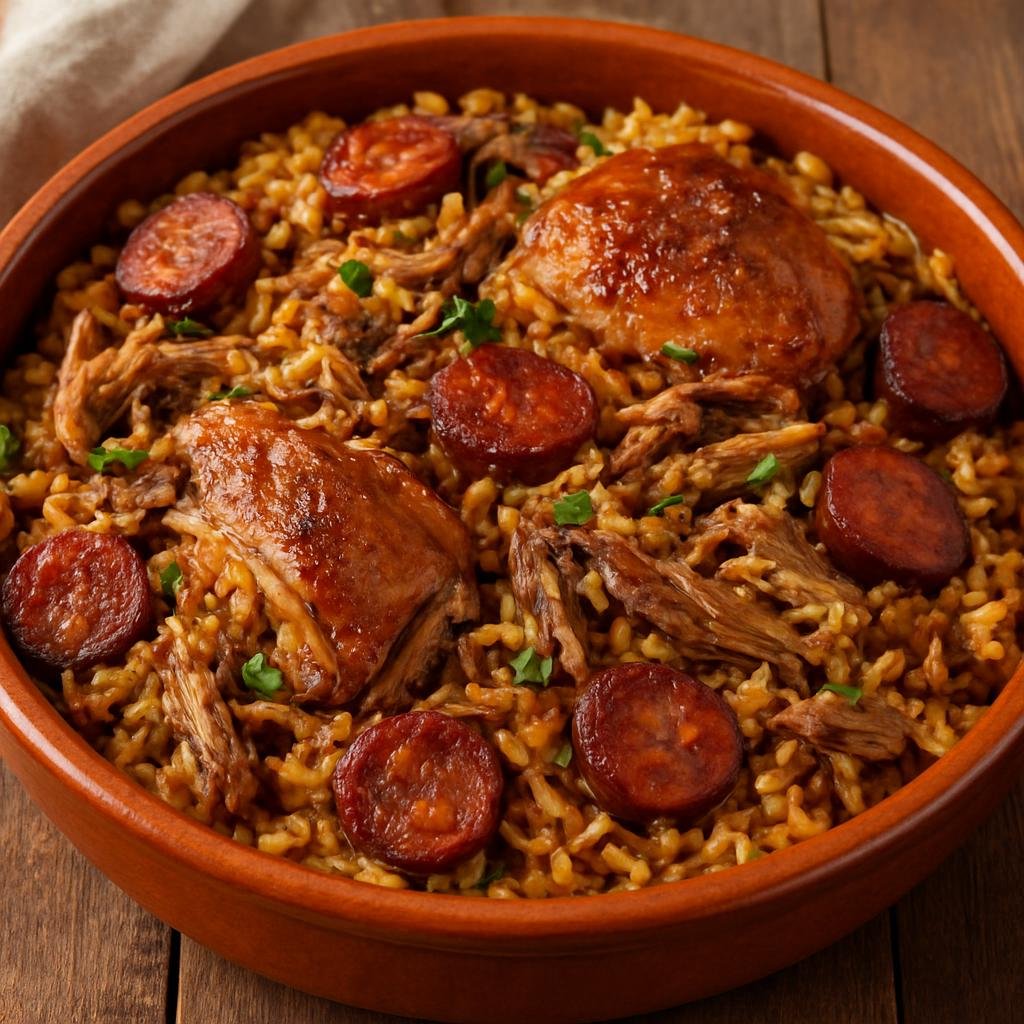 Entree: Portugal – Minho – Arroz de Pato (Oven-baked Portuguese rice with shredded roast duck and smoked chouriço) recipe