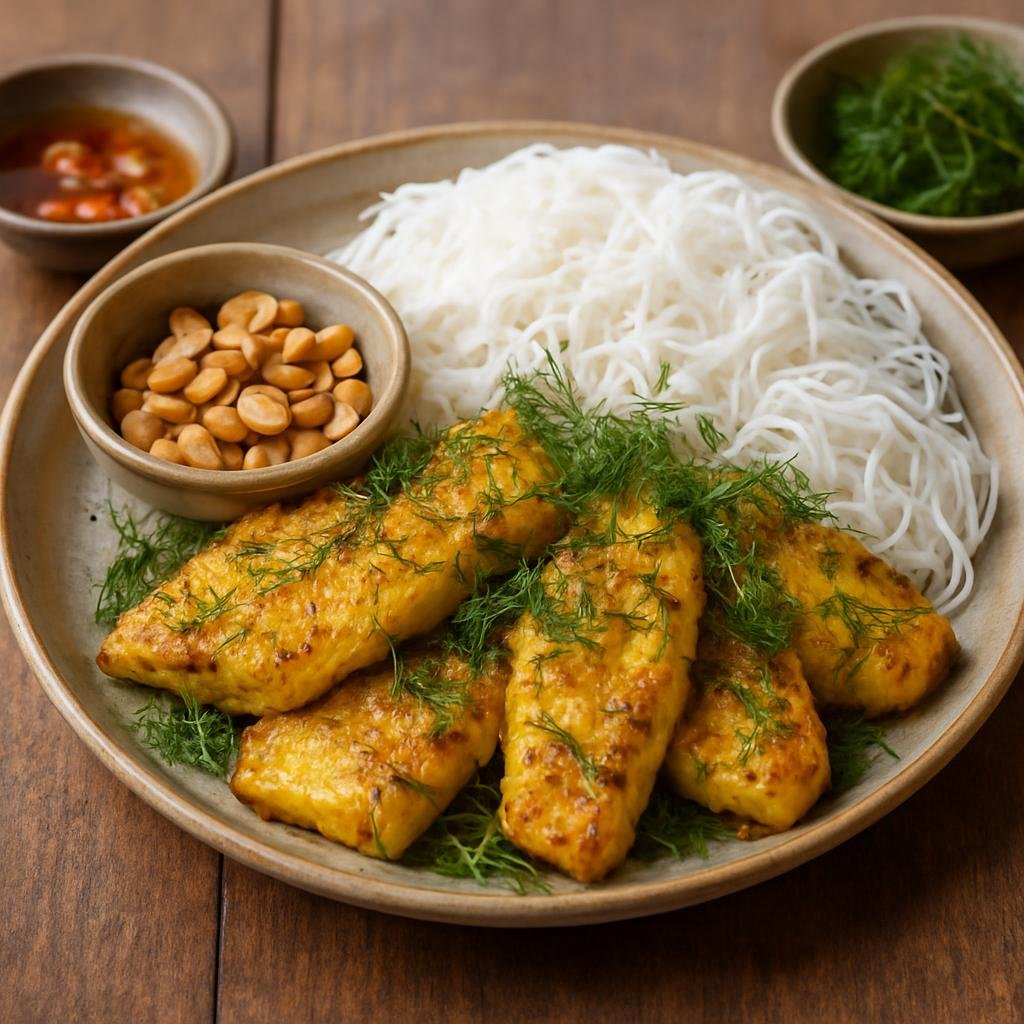 Entree: Vietnam – Northern Vietnam – Cha Ca La Vong (Turmeric-marinated fried fish with fresh dill served with rice vermicelli and peanuts) recipe