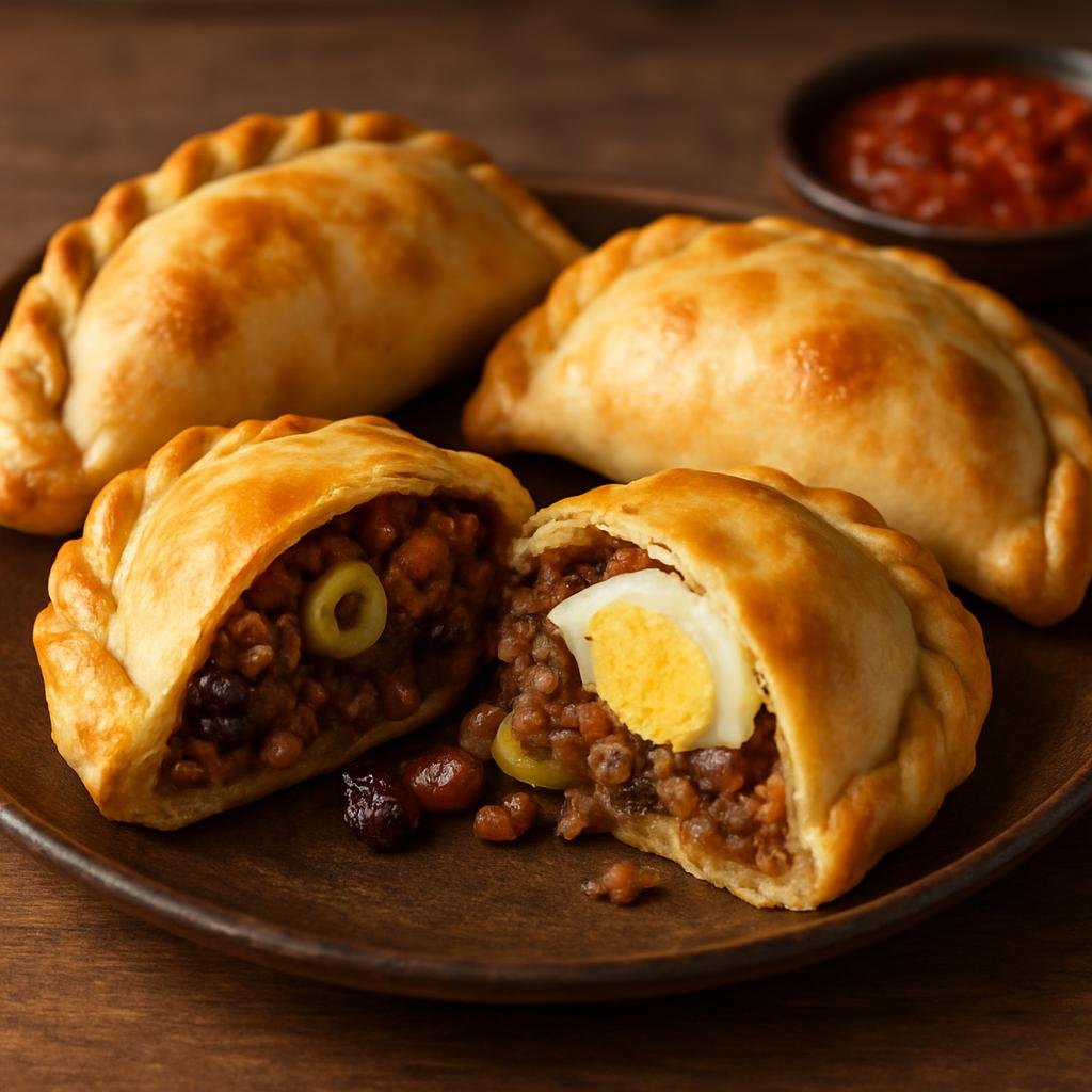 Entree: Chile – Santiago – Empanadas de Pino (Baked Chilean savory turnovers filled with seasoned ground beef, onions, olives, raisins, and hard-boiled egg) recipe