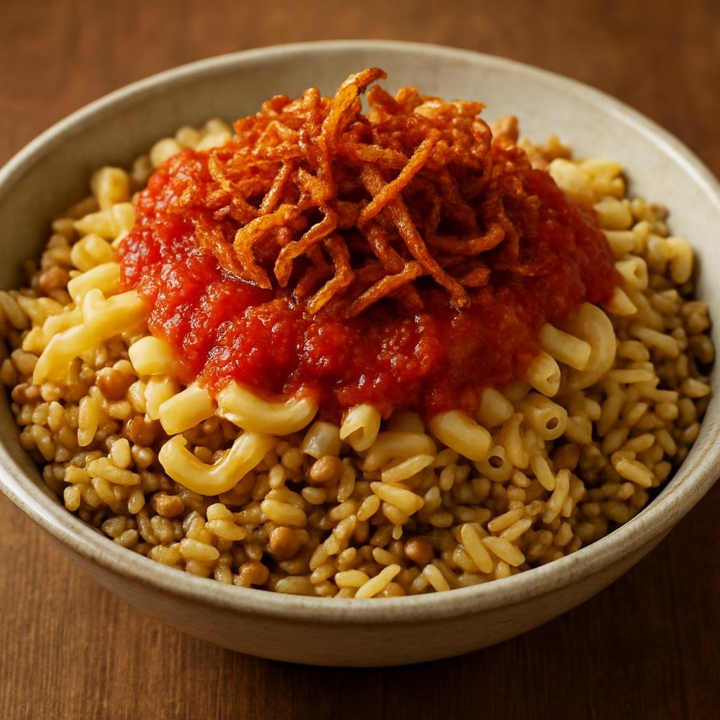 Entree: Egypt – Upper Egypt – كشري ➤ Koshari (Layered Egyptian street-food of rice, lentils, and pasta served with spiced tomato sauce and crispy fried onions) recipe