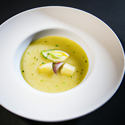Soup: United States – Silky Celeriac, Green Apple & Leek Soup with Chive-Lemon Oil recipe