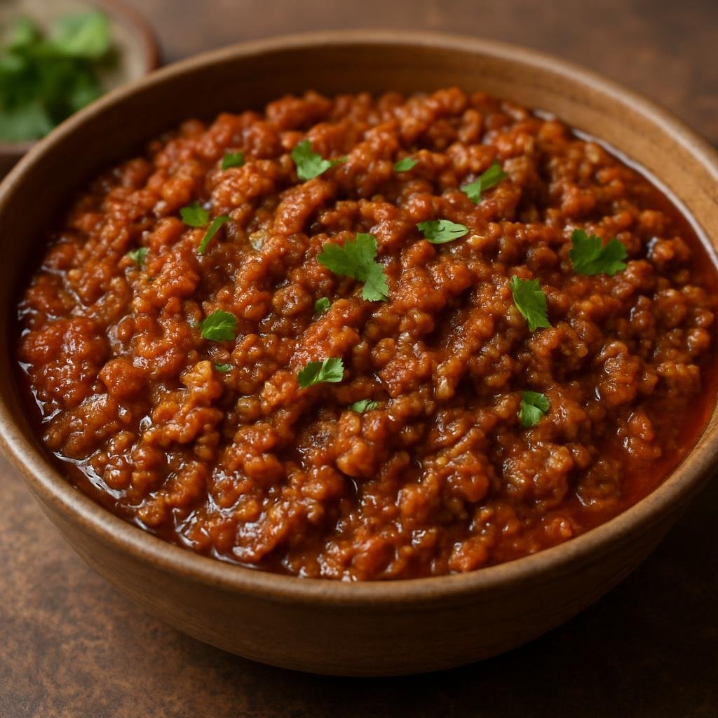 Entree: India – Bohri Muslim Cuisine – بوہری قیمہ ➤ Bohri Qeema (Spiced minced meat curry from the Bohri Muslim community, simmered with onions, tomatoes and aromatic spices) recipe