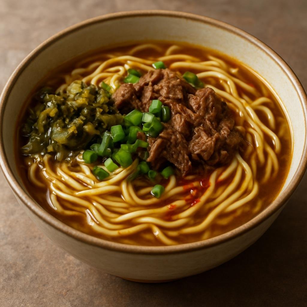 Entree: China – Gansu – 敦煌黄面 ➤ Dūnhuáng Huáng Miàn (Wheat-based yellow noodles from Dunhuang served in a savory lamb broth with pickled greens, scallions, and chili oil) recipe