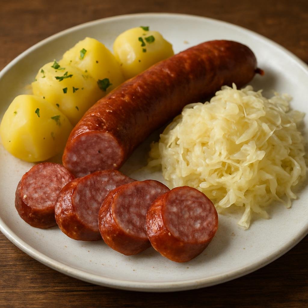 Entree: Germany – Hesse – Ahle Wurst (Traditional Hesse dry-cured smoked pork sausage, typically coarse-textured and served sliced or pan-seared with potatoes and sauerkraut) recipe