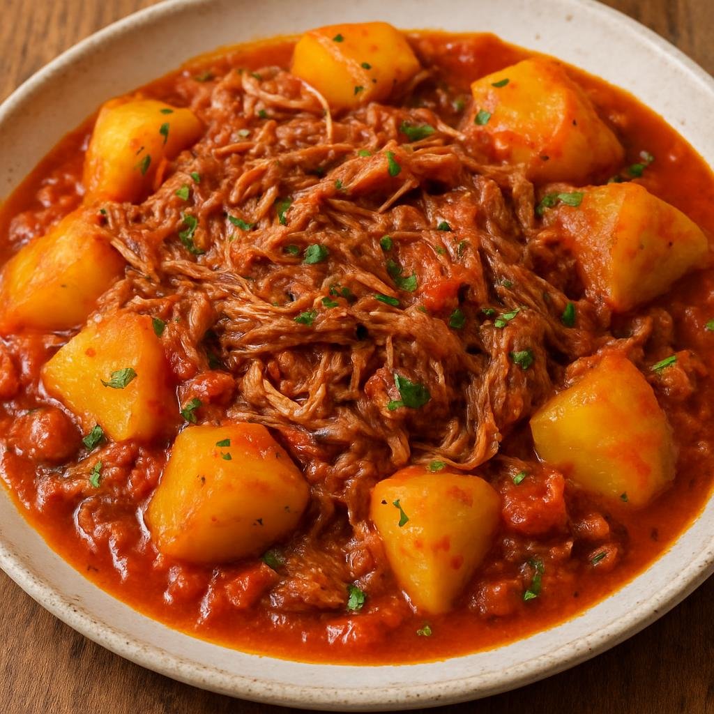 Entree: Spain – Canary Islands – Ropa Vieja Canaria (Canarian-style shredded beef braised in a tomato–pepper sauce with potatoes and local spices) recipe