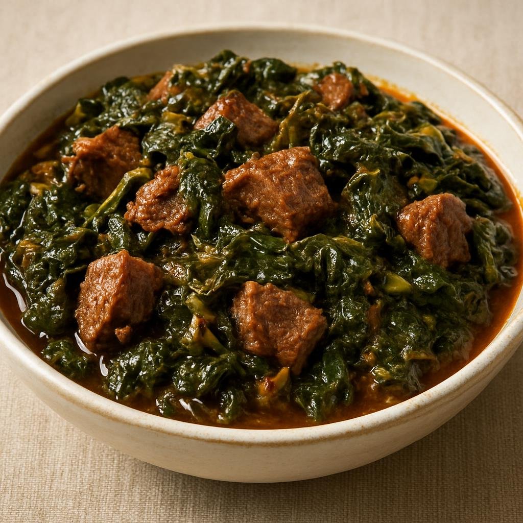 Entree: Ethiopia – Gurage – ጎመን በስጋ ➤ Gomen Besiga (Ethiopian stewed collard greens cooked with tender beef in spiced butter) recipe